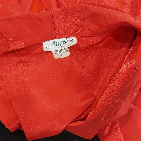 80s Red Jacquard Mod 2 Pc Dress And Jacket Women's Sz L Vintage Pleated Detail - Picture 5 of 8